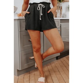 Black Paperbag Waist Drawstring Linen Blend Casual Shorts