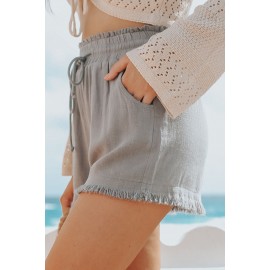 Gray Drawstring Frayed Edge Pocketed Shorts