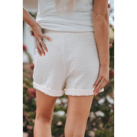 White Textured Knit Fold Hem Shorts