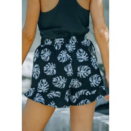 Black Palm Tree Leaves Print Elastic Waist Shorts with Pocket