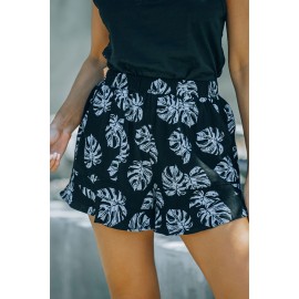 Black Palm Tree Leaves Print Elastic Waist Shorts with Pocket