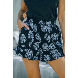 Black Palm Tree Leaves Print Elastic Waist Shorts with Pocket