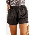 Black Satin Elastic Waist Casual Shorts