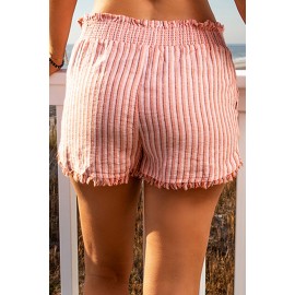 Orange Ribbed Smocked Frill Raw Hem High Waist Shorts