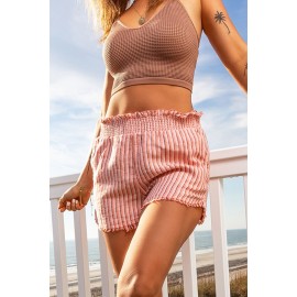 Orange Ribbed Smocked Frill Raw Hem High Waist Shorts