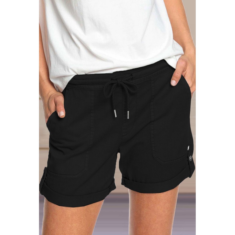 Black Elastic Waistband Pocket Drawstring Shorts with Button