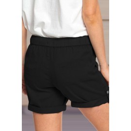 Black Elastic Waistband Pocket Drawstring Shorts with Button