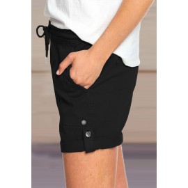 Black Elastic Waistband Pocket Drawstring Shorts with Button