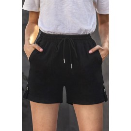 Black Elastic Waistband Pocket Drawstring Shorts with Button