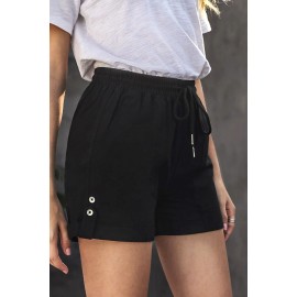 Black Elastic Waistband Pocket Drawstring Shorts with Button