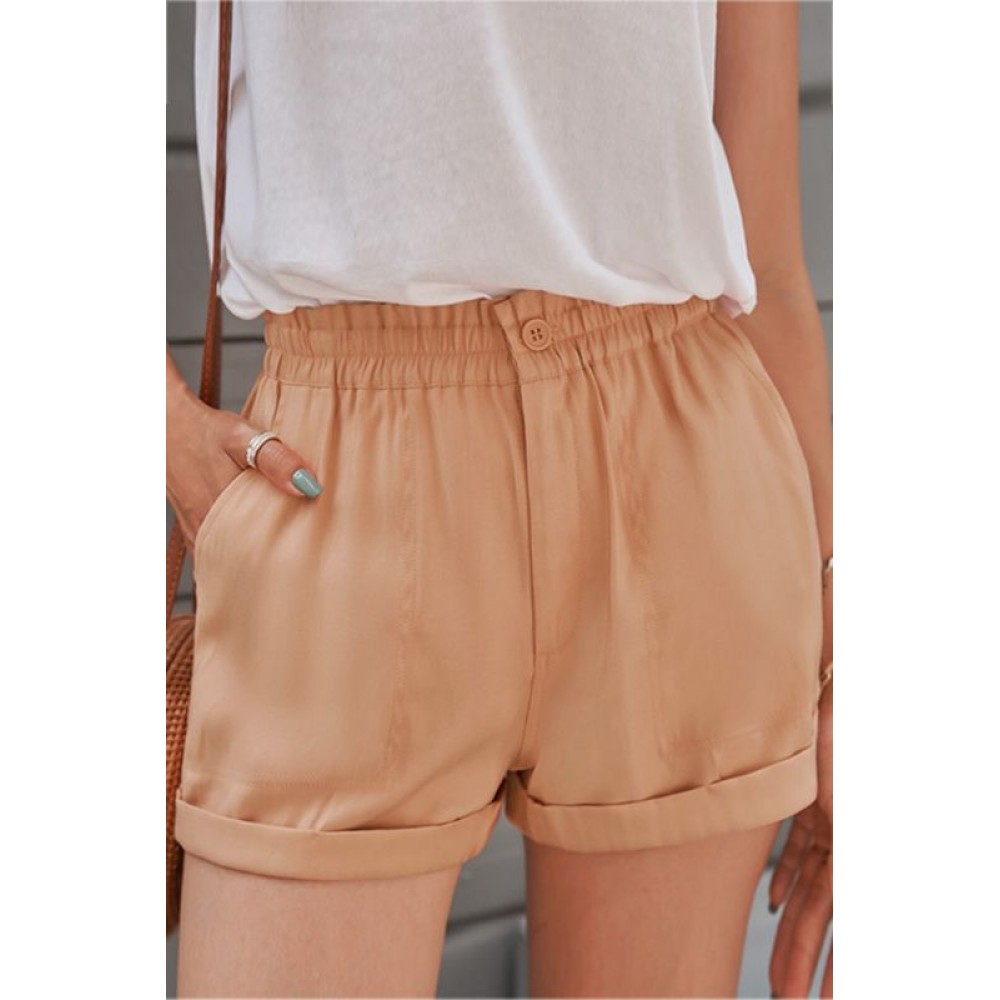 Khaki Cuffed Leg Opening Paper-bag Waist Casual Shorts