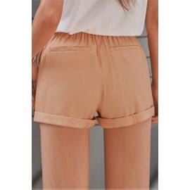 Khaki Cuffed Leg Opening Paper-bag Waist Casual Shorts