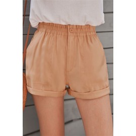 Khaki Cuffed Leg Opening Paper-bag Waist Casual Shorts