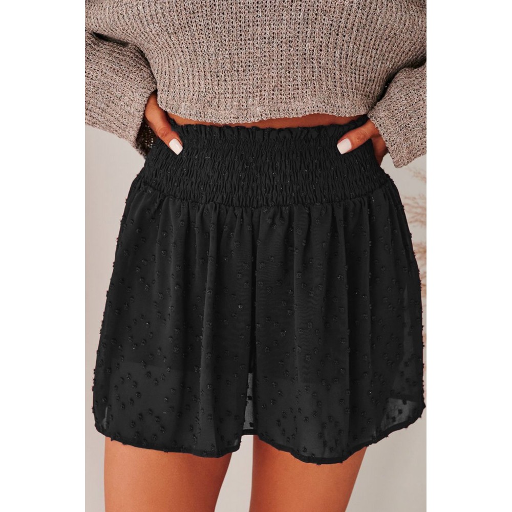 Black Smocked Waist Swiss Dot Casual Shorts