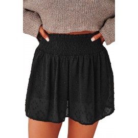 Black Smocked Waist Swiss Dot Casual Shorts