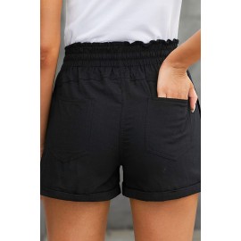 Black Elastic Waist Drawstring Roll Hem Shorts