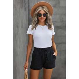 Black Elastic Waist Drawstring Roll Hem Shorts