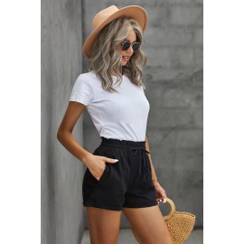 Black Elastic Waist Drawstring Roll Hem Shorts