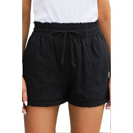 Black Elastic Waist Drawstring Roll Hem Shorts