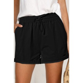 Black Elastic Waist Drawstring Roll Hem Shorts