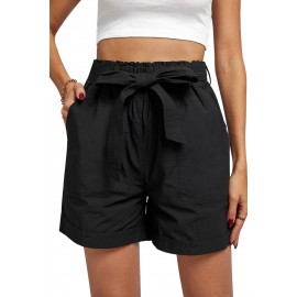 Black Sewn Cuffed Hemline Pocketed Cargo Shorts with Belt