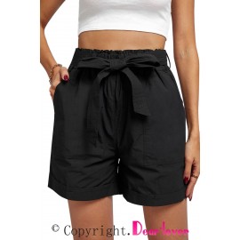 Black Sewn Cuffed Hemline Pocketed Cargo Shorts with Belt