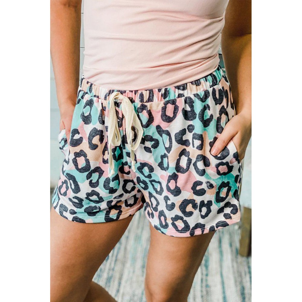 Leopard Print Elastic Waist Drawstring Shorts With Pocket