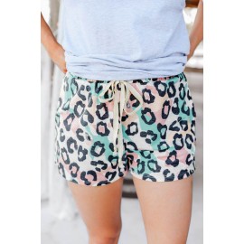 Leopard Print Elastic Waist Drawstring Shorts With Pocket