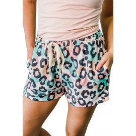 Leopard Print Elastic Waist Drawstring Shorts With Pocket