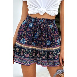 Blue Summer Boho Floral Print A-line Elastic Waist Shorts