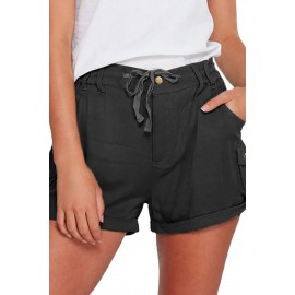 Black Mid Waist Pocket Drawstring Buttons Straight Leg Shorts