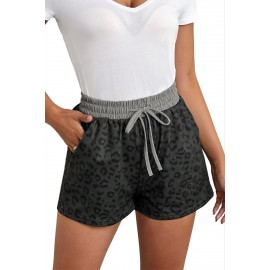 Gray Leopard Print Drawstring Waist Shorts