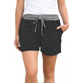 Gray Leopard Print Drawstring Waist Shorts