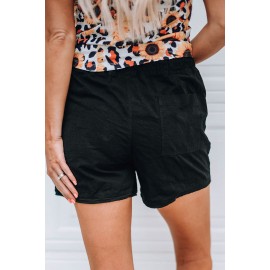 Black Raw Hem Pocketed Drawstring Casual Shorts