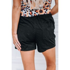 Black Raw Hem Pocketed Drawstring Casual Shorts