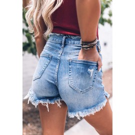 Sky Blue Frayed High Waist Denim Shorts