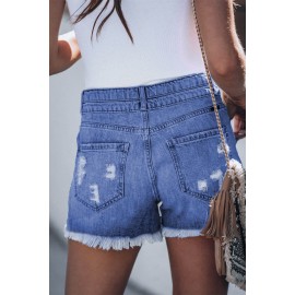 Sky Blue Distressed Raw Hem Buttons Denim Shorts with Pockets