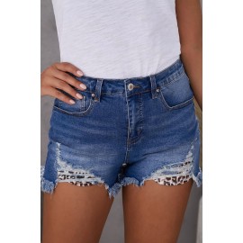 Leopard Pocket Low Rise Distresses Denim Shorts