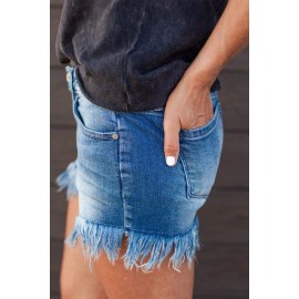 Fringe Hem High Rise Denim Shorts