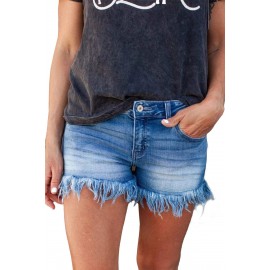 Fringe Hem High Rise Denim Shorts