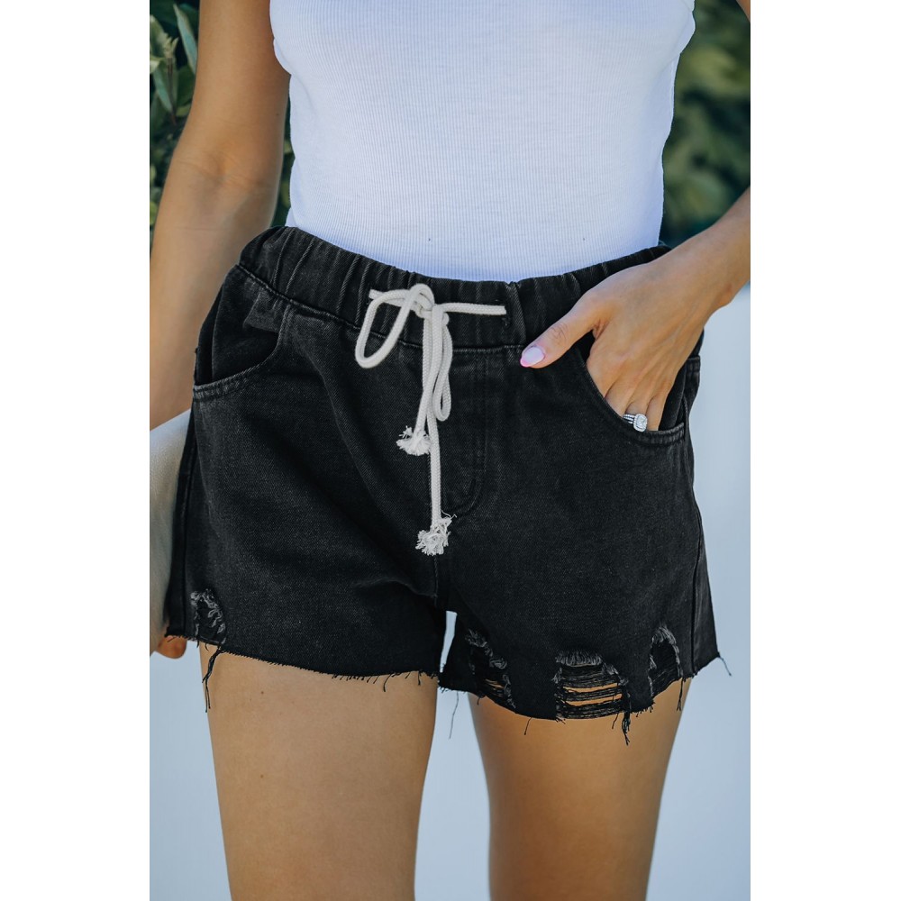 Black Elastic Waist Drawstring Distressed Denim Shorts