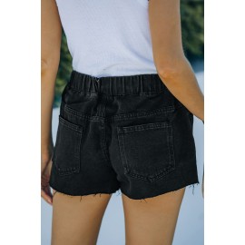 Black Elastic Waist Drawstring Distressed Denim Shorts