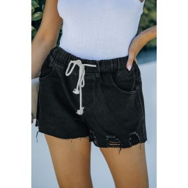 Black Elastic Waist Drawstring Distressed Denim Shorts