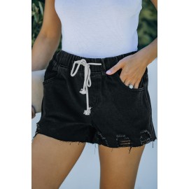 Black Elastic Waist Drawstring Distressed Denim Shorts