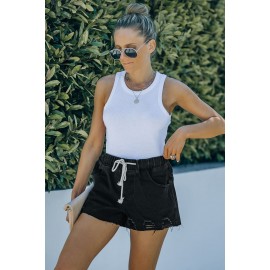 Black Elastic Waist Drawstring Distressed Denim Shorts