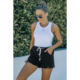 Black Elastic Waist Drawstring Distressed Denim Shorts