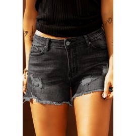 Black Distressed Ripped Denim Shorts with Pockets