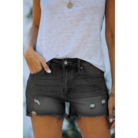 Black Distressed Ripped Denim Shorts with Pockets