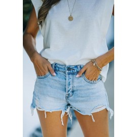 Sky Blue High Waist Distressed Washed Denim Shorts