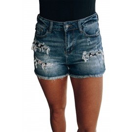 Medium Wash Blue Distressed Daisy Patches Denim Shorts